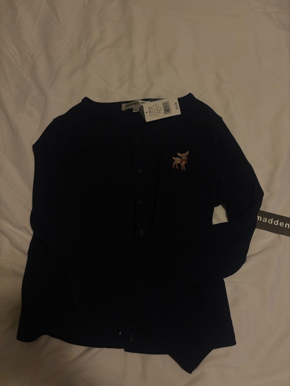 Navy Button-Front Cardigan with Embroidered ReinDeer